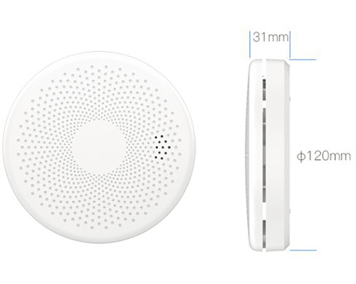 Okrúhly detektor dymu s rozmermi 120 mm v priemere a 31 mm do hĺbky.