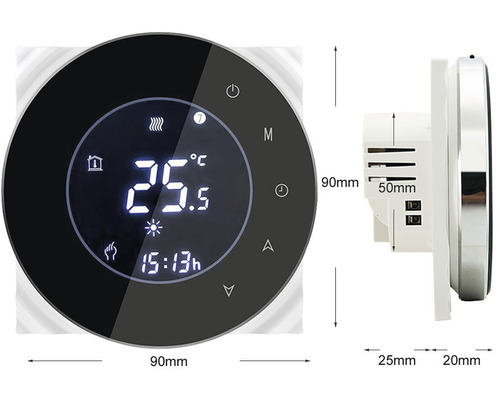 Digitálny izbový termostat so zobrazením teploty a času a rozmerov