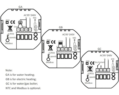 Schéma zapojenia termostatov GA, GB a GC s poznámkami pre správne zapojenie