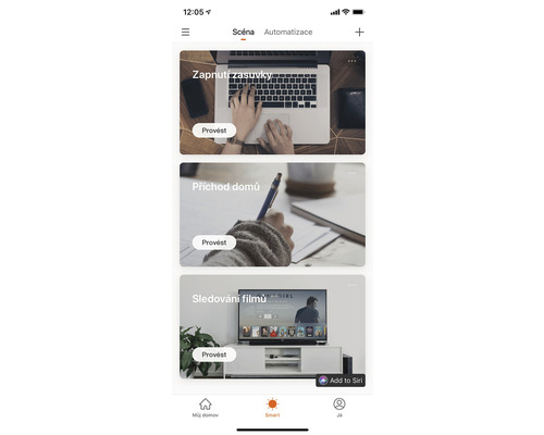 Obrazovka smartfónu so zobrazením scén aplikácie inteligentnej domácnosti