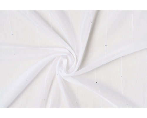 Biela, priehľadná záclonová látka s prúžkami a flitrami