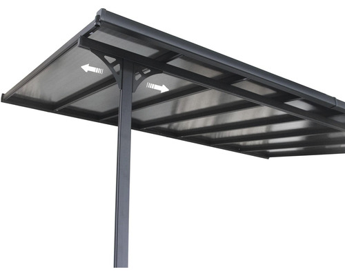 Detailný pohľad na carport s hliníkovým rámom a transparentnou strechou.