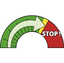 Symbol so šípkou na zelenom pozadí a nápisom Stop