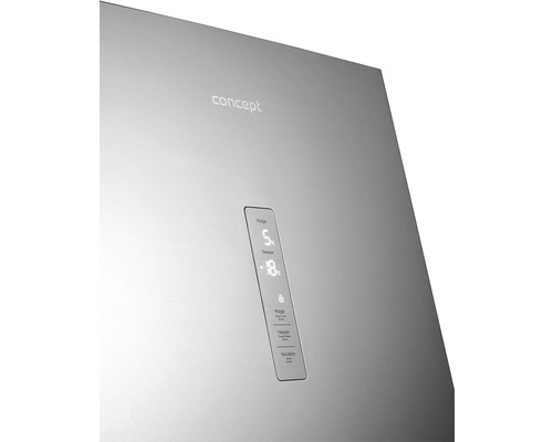 Detailný záber chladničky s digitálnym ovládacím panelom a logom Concept.