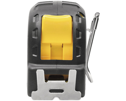 Detailný pohľad na zvinovací meter s klipom na opasok a aretačným tlačidlom