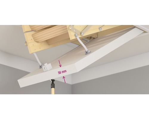 Otvorené podkrovné schody s viditeľnou hrúbkou izolácie 56 mm.