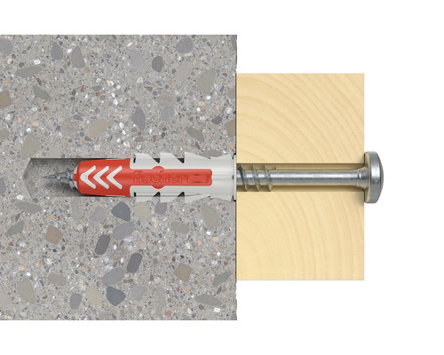 Hmoždinka Fischer so skrutkou v betónovej stene a dreve