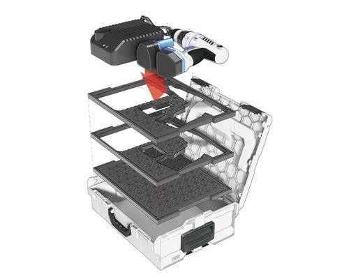 Kufor na náradie s akumulátorovým vŕtacím skrutkovačom, akumulátory a nabíjačkou s vkladacími policami