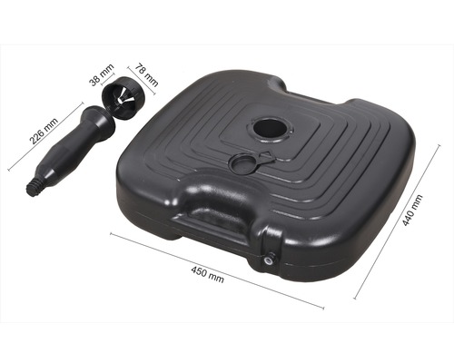 Plastový stojan na slnečník s rozmermi 450 krát 440 milimetrov a príslušenstvo.