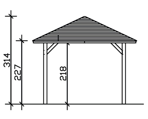 Nákres záhradného altánku s výškovými údajmi