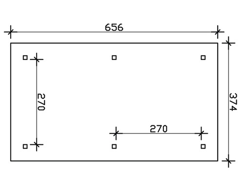 Technický nákres s rozmermi 656 x 374 a otvormi pre skrutky