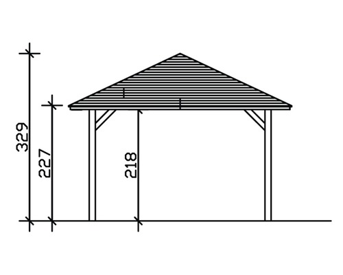 Technický nákres pavilónu s údajmi o výške v centimetroch