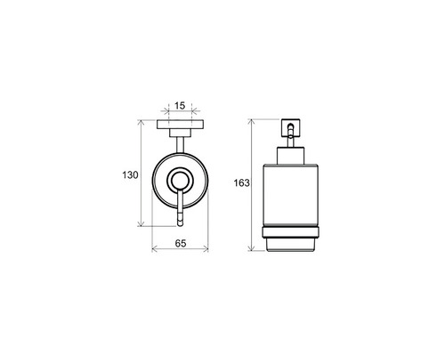 Technický nákres dávkovača mydla s rozmermi.