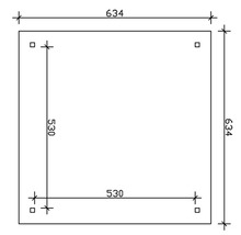 Technický nákres štvorcovej dosky s rozmermi 634 x 634 mm a vnútorného štvorca s rozmermi 530 x 530 mm