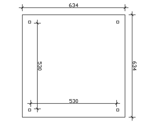 Technický nákres štvorcovej dosky s rozmermi 634 x 634 mm a vnútorného štvorca s rozmermi 530 x 530 mm