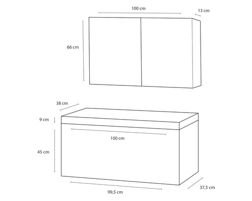 Rozmerový nákres súpravy kúpeľňového nábytku s umývadlovou skrinkou a spodnou skrinkou