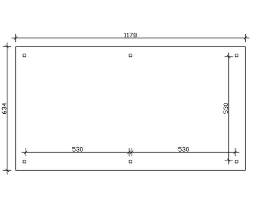 Technický nákres s rozmermi: šírka 1178 mm, výška 634 mm, dĺžka strany 530 mm