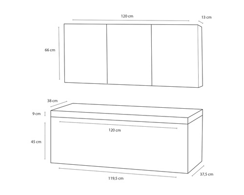 Nákres rozmerov nástennej skrinky s tromi dvierkami nad lavicou s truhlou, ktorý ukazuje rozmery položky