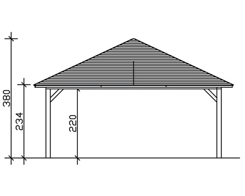 Technický nákres altánku s výškovými údajmi