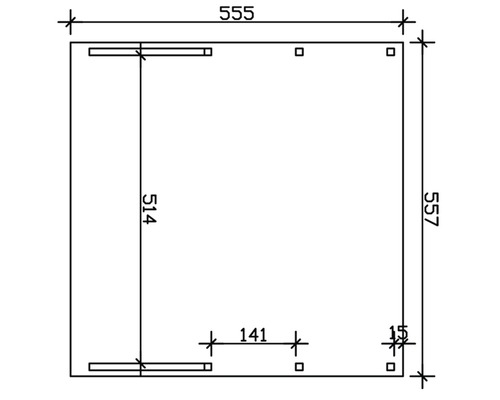 Technický nákres s rozmermi 555 mm, 557 mm, 514 mm, 141 mm a 15 mm
