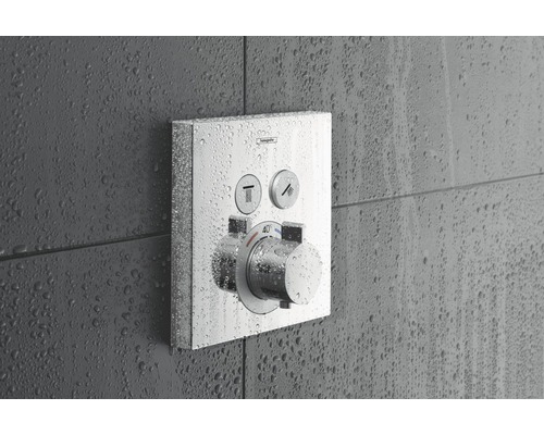 Termostatická batéria na omietku vo vlhkom prostredí s logom Hansgrohe.