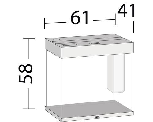 Obrázok akvária s rozmermi 61 cm šírka, 58 cm výška a 41 cm hĺbka.