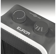 Detailný pohľad na vykurovacie zariadenie s otočnými ovládačmi na nastavenie teploty a výkonu 0 W, 800 W, 1600 W a 2400 W a tiež logom Eurom