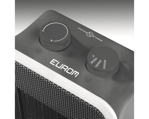 Detailný pohľad na vykurovacie zariadenie s otočnými ovládačmi na nastavenie teploty a výkonu 0 W, 800 W, 1600 W a 2400 W a tiež logom Eurom