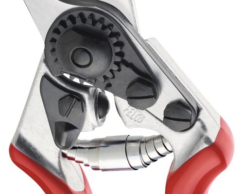 Detailný záber záhradných nožníc s ozubeným mechanizmom a pružinou