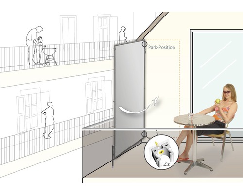 Balkónová scéna s bočnou markízou na zabezpečenie súkromia a ochranu pred slnkom a vetrom.