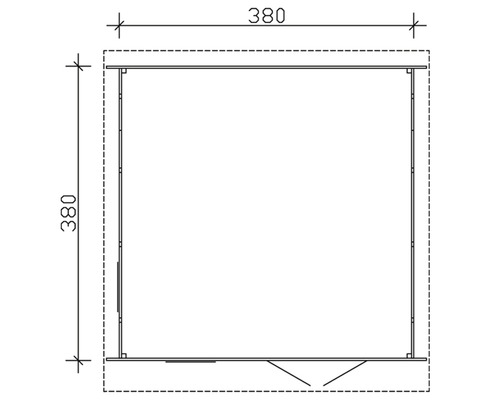 Technický nákres záhradného domčeka s rozmermi 380 x 380 centimetrov.