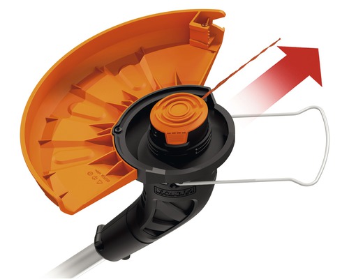 Žacia hlava strunovej kosačky s ochranným oblúkom a červenou šípkou