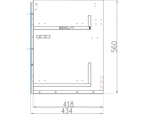 Technický nákres rámu skrine s rozmermi: výška 560 mm, šírka 418 mm a 434 mm.