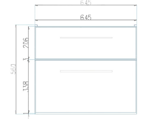 Technický nákres spodnej skrinky so zásuvkami a rozmermi