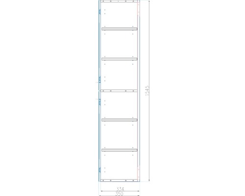 Technický nákres regálu s niekoľkými policami