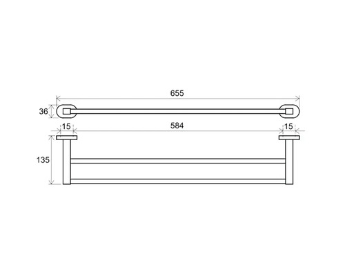 Technický nákres tyče na uteráky s policou a rozmermi