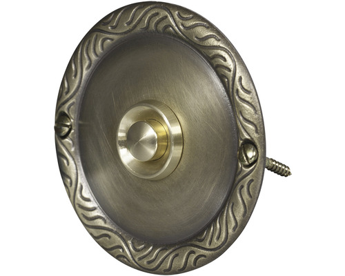 Okrúhly kovový zvonček s ozdobným okrajom a tlačidlom