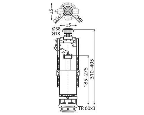 Technický nákres splachovacej nádrže s rozmermi