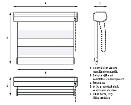 Technický nákres rolety s rozmermi
