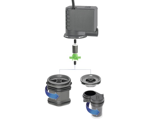 Rozložený pohľad akvarijného čerpadla s rotorom a čerpadlovou komorou