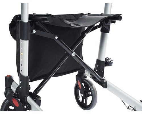 Detailný pohľad na chodítko so sedadlom a taškou