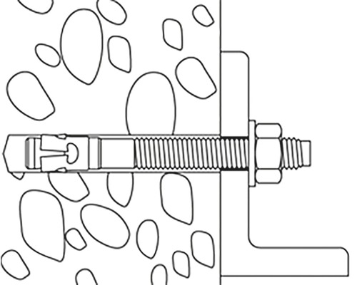 Ilustrácia kotvy v betóne s držiakom v tvare L, upevnenej maticami.