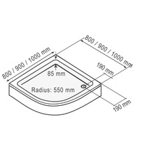 Technický nákres sprchovej vaničky s rozmermi 800, 900 alebo 1000 mm, rádiusom 550 mm a výškou 85 mm
