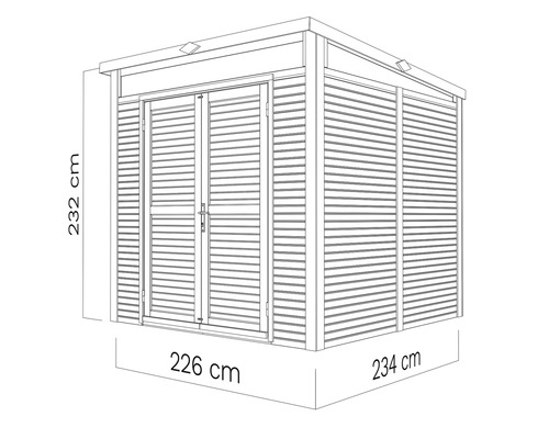 Technický nákres záhradného domčeka s rozmermi 232 cm na výšku, 226 cm na šírku a 234 cm do hĺbky.