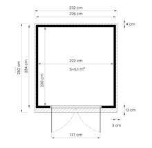 Pôdorys s rozmermi: 232 cm x 250 cm