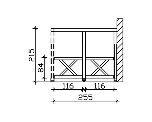 Technický nákres dreveného regálu s rozmermi