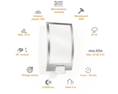 Vonkajšie nástenné svietidlo Steinel IP44 E27 60 W nerezová oceľ so senzorom pohybu