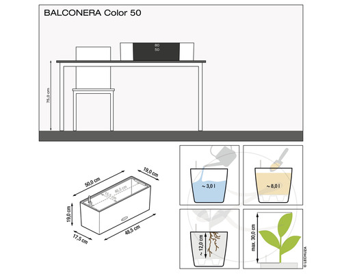 Produktová ilustrácia kvetináča Balconera Color 50 s rozmermi a informáciami o množstve vody a výške rastliny.