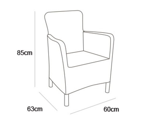 Nákres kresla s rozmermi 85 cm výška, 63 cm hĺbka a 60 cm šírka