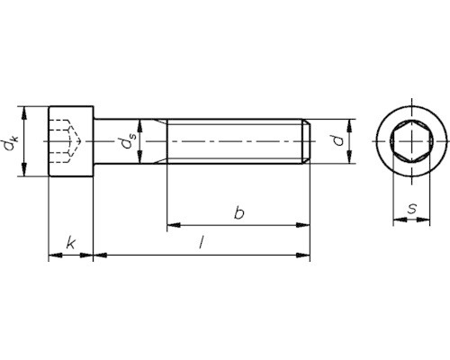 Technický nákres skrutky s valcovou hlavou a vnútorným šesťhranom
